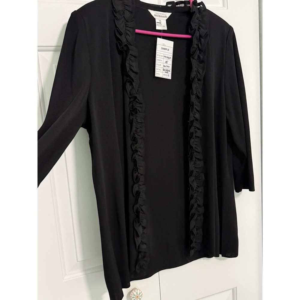 RARE Misook Sample Women's Black Open Front Cardigan Sweater Ruffles Trim XL